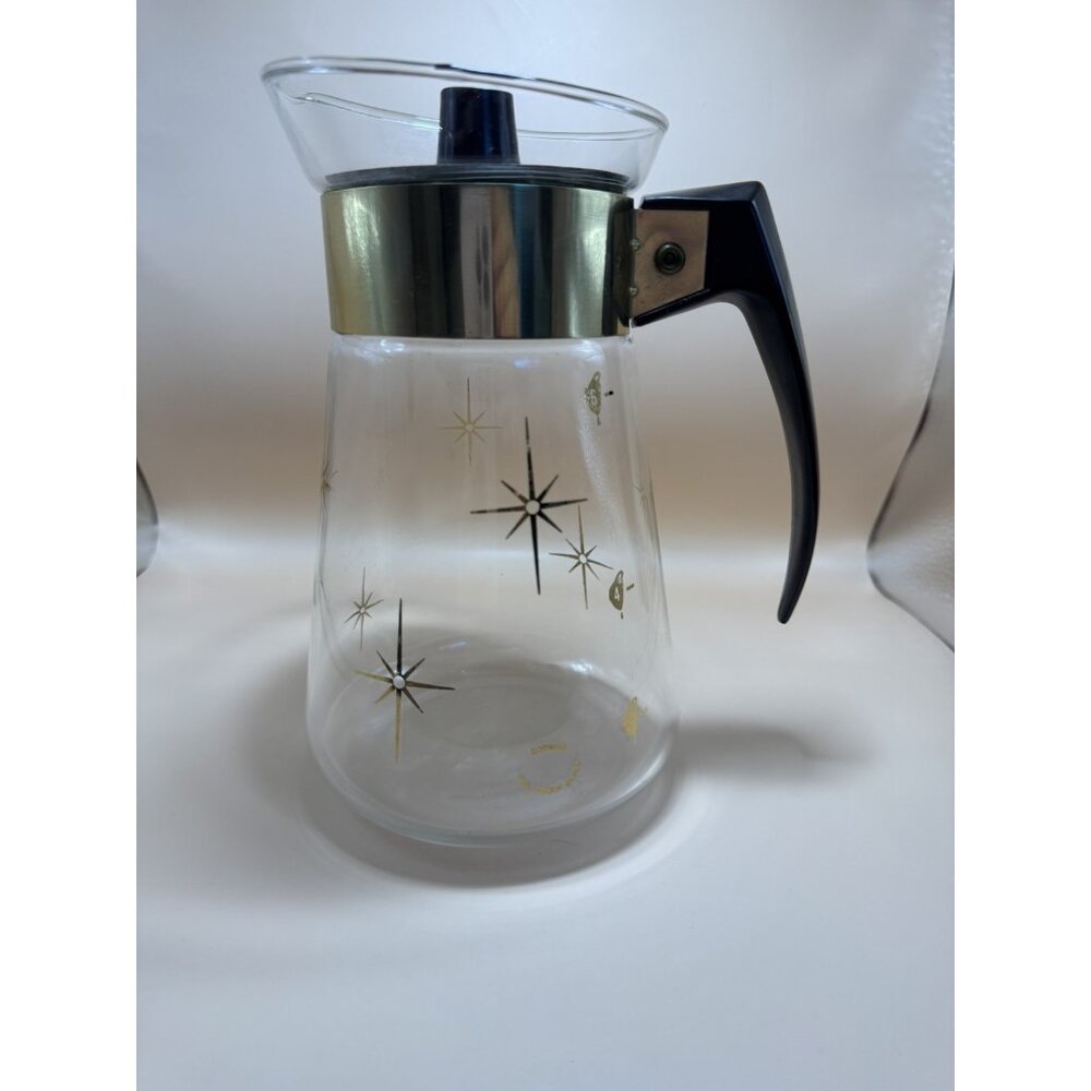 Vintage MCM Corning Atomic Gold Starburst Glass 6 Cup Coffee Pot Carafe w/Lid
